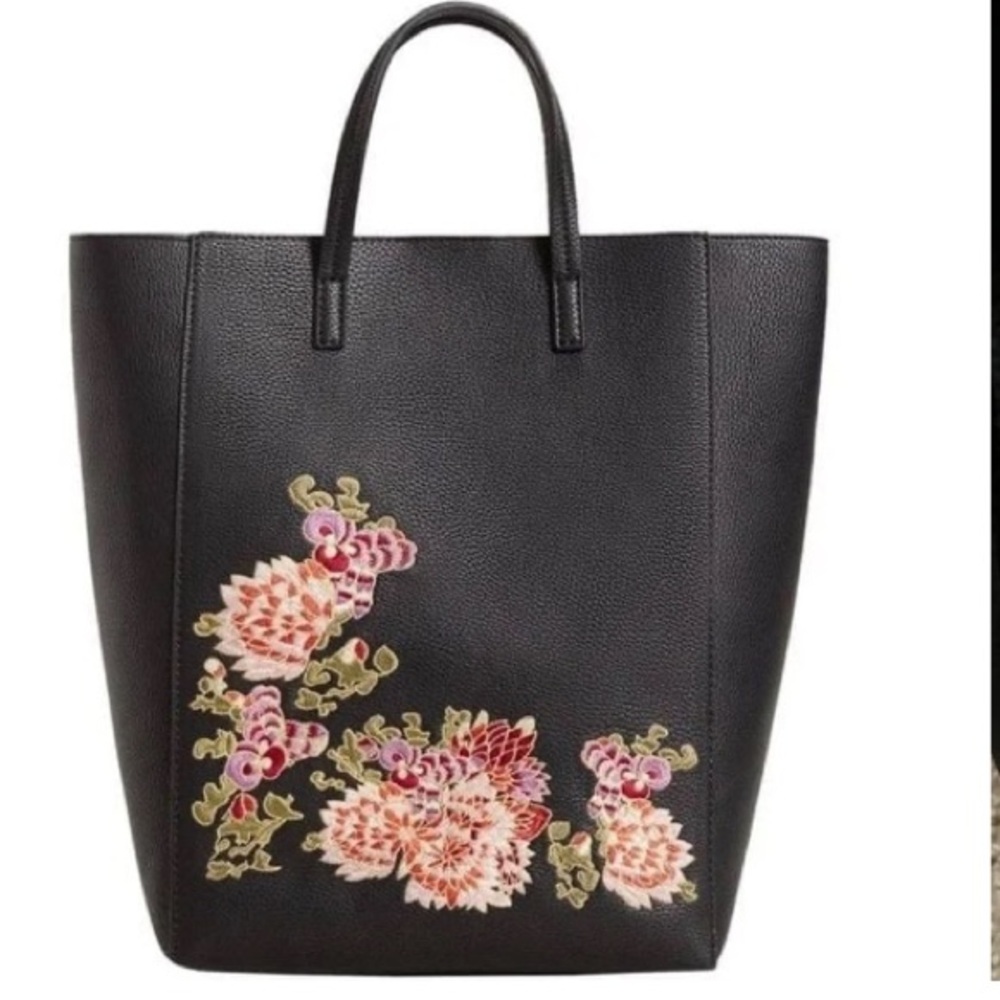 MANGO Floral Embroidered Black Tote Bag